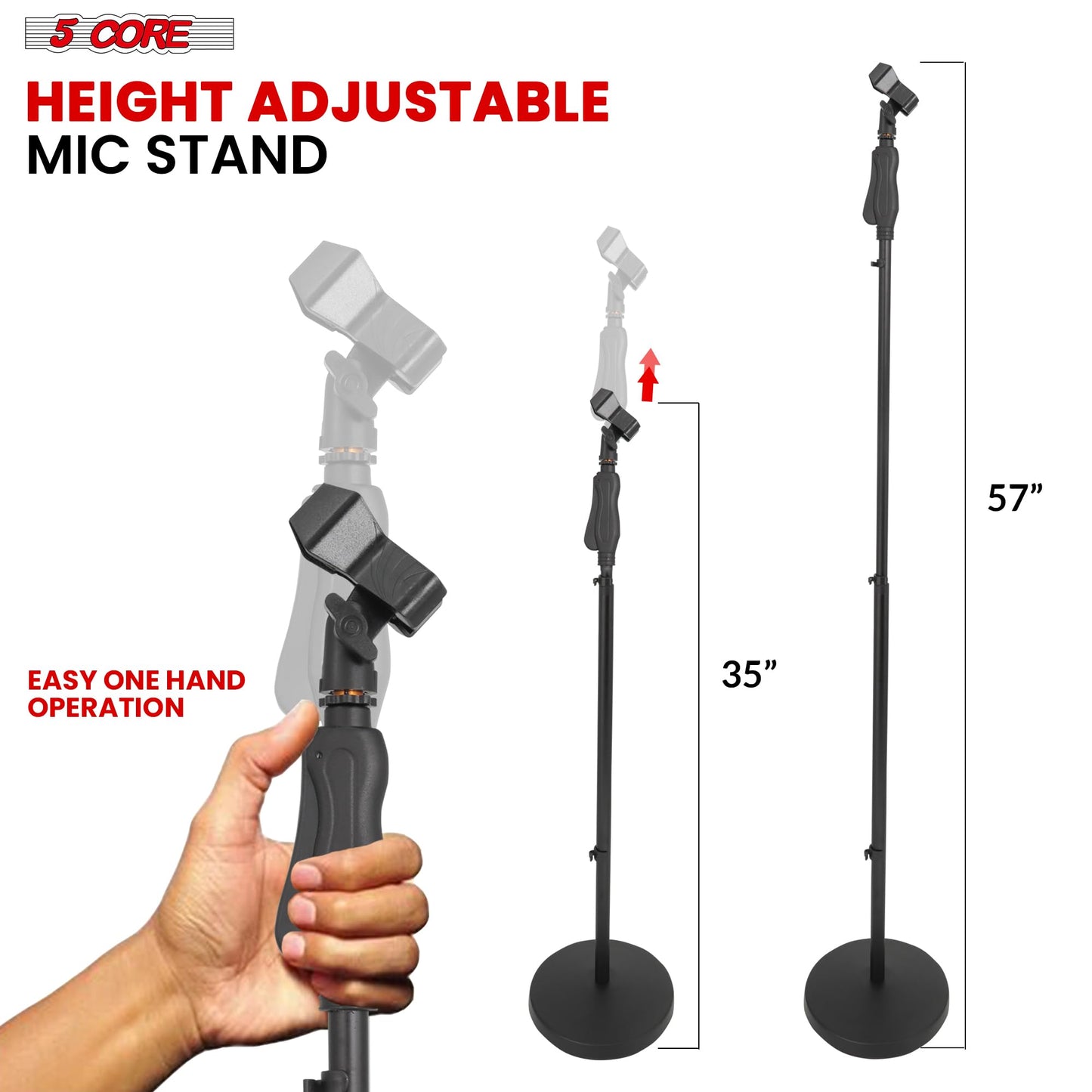 5 Core Microphone Stand Universal Floor Height Adjustable 35 to 57" Round Base Quick Setting Lock-Tight Knob w 5/8 Thread Adapter 2 Mic Holder 3 Wire