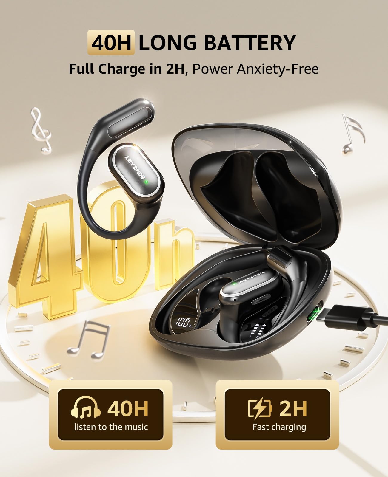 Tzfunmi Open-Ear Bluetooth Wireless Earbuds: Wireless Headphones for Runners & Cyclists - IPX7 Waterproof - 5.4 Bluetooth Ear Buds with LED Digital…
