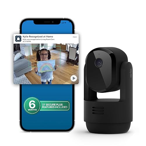 Arlo Essential Indoor Pan Tilt Security Camera 2K (2025 Release) + 6 Months of Secure Plus Plan - Wired Plug-in Power, Person Recognition, Animal