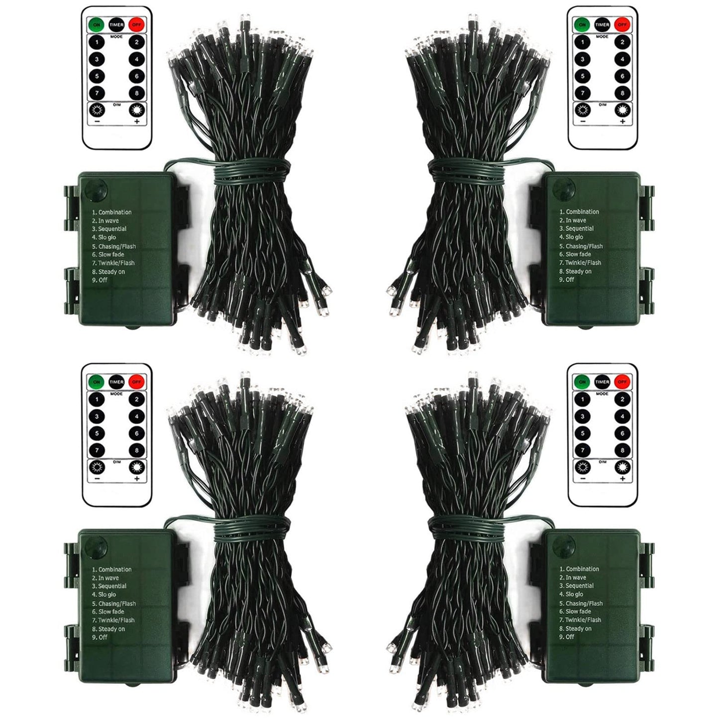 ZAIYW 4 Pack String Lights Battery Operated, Total 66Ft 200 LED Christmas Lights with Remote Timer 8 Modes Fairy String Lights Dark Green Wire