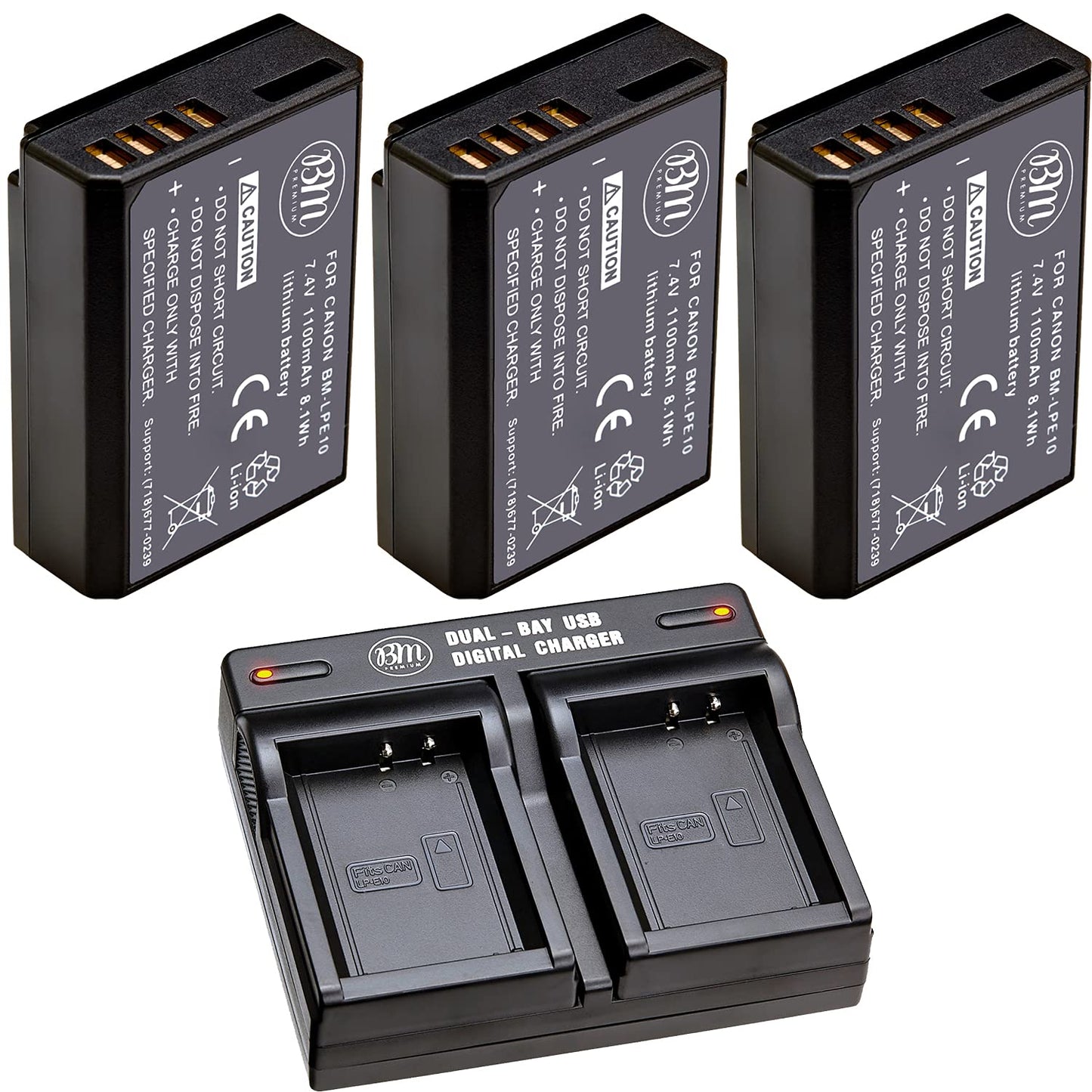 BM Premium 3 Pack of LP-E10 Batteries and Dual Bay Battery Charger for Canon EOS Rebel T3, T5, T6, T7, Kiss X50, Kiss X70, EOS 1100D, EOS 1200D, EOS