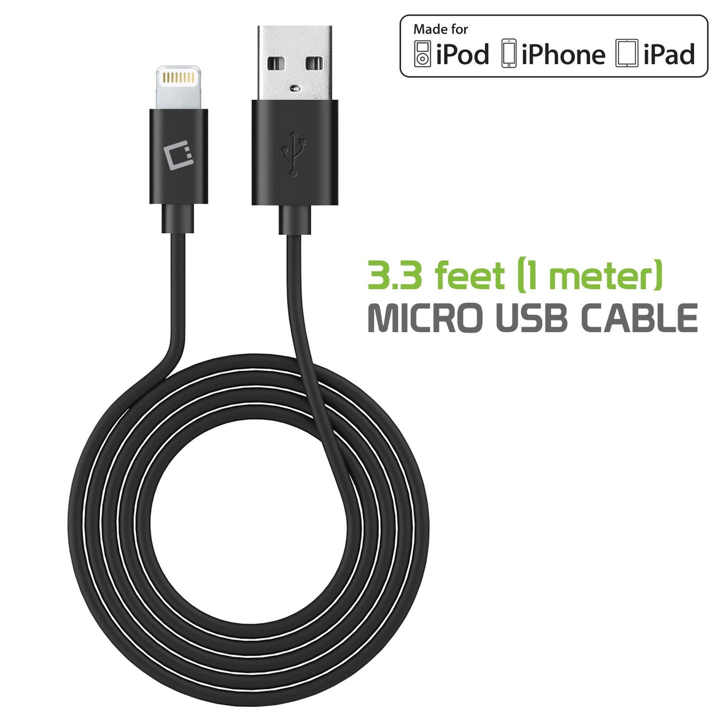 Cellet Apple Certified Lightning Cable Compatible for Apple iPhone Xs/Xs Max/Xr/X/SE/8/7/6/5 iPad/Pro/Air/Mini, iPod, Touch - 1 Meter (3.3 feet) Black