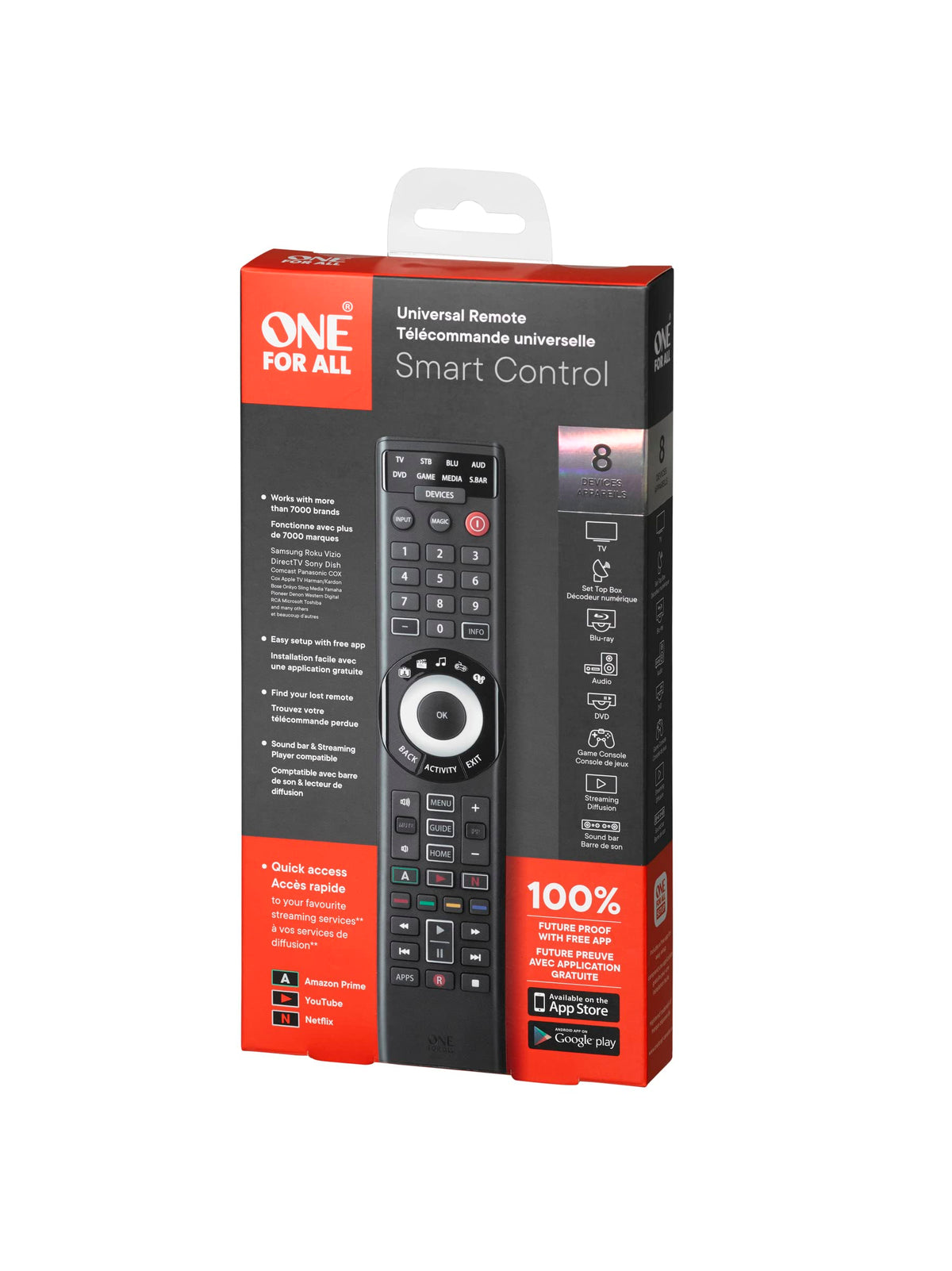One for All URC7880 Universal Smart Remote Control up to 8 Devices with Free Setup App - Easy Learning Feature - Infrared Connectivity Technology and 3 Shortcut App Keys - Black