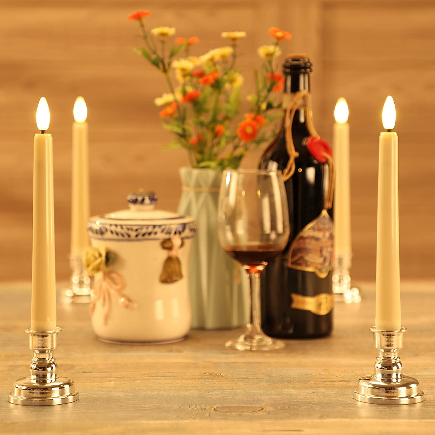 MIXALY 9PACK 8" LED 3D Wick Taper Candles with Remote Timer - Ivory Battery Operated Flameless Window Candles with Flickering Flame and Removable