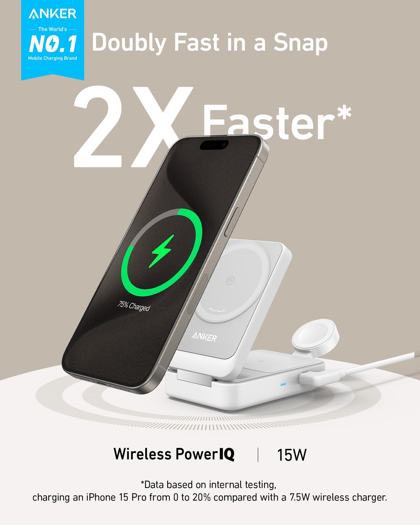 Anker MagGo 3 in 1 iPhone 17 Charging Station, MagSafe-Compatible Wireless Charger Stand, Qi2 Certified 15W Foldable Charger for iPhone