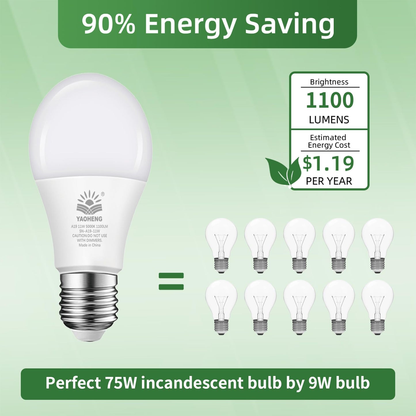 YAOHENG A19 LED Light Bulb 75 Watt Equivalent, 11 Watt Light Bulbs, 5000K Daylight, 1100 Lumens, Non-Dimmable, E26 Base Lightbulbs, Standard LED Bulbs
