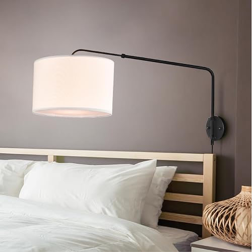Coby Adjustable Sconce, Wall Mount Light with Telescopic Swing Arm, Matte Black Finish with 2 Linen Shades Included