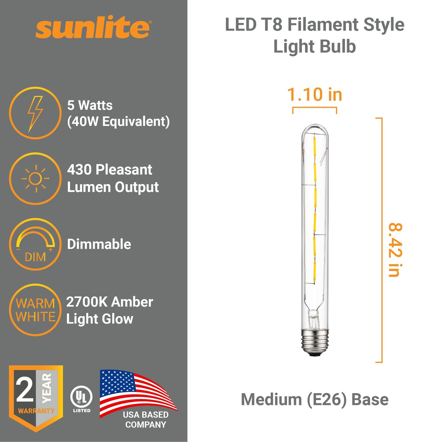 Sunlite LED Filament T8 Tubular Light Bulb, 5 Watts (40W Equivalent), 430 Lumens, Medium E26 Base, Dimmable, 214 mm, UL Listed, 2700K Soft White, 6
