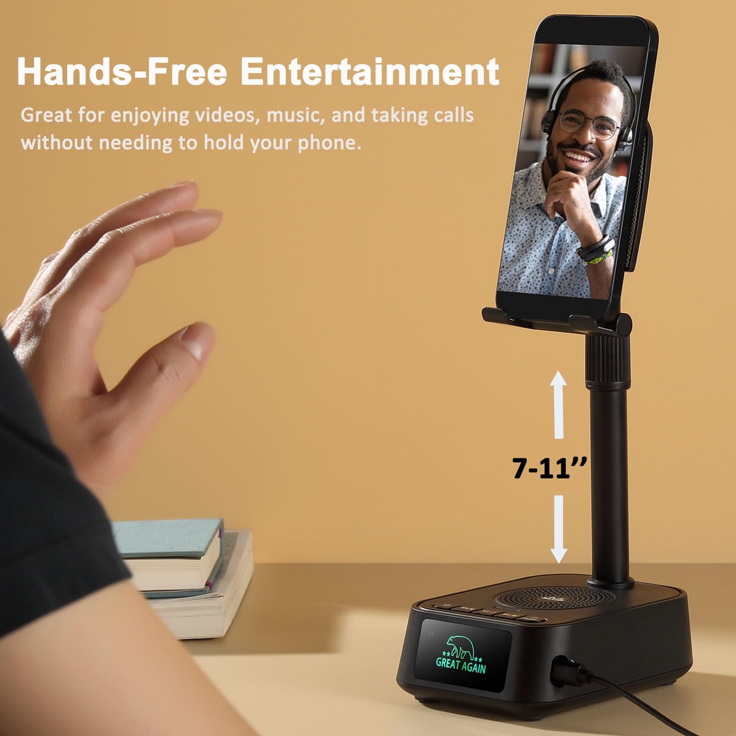 DAOCE Gifts for Men Women, Phone Stand with Bluetooth Speaker, Birthday Gifts Him Her, Adjustable Height Phone Holder with HD Stereo Sound Fits All