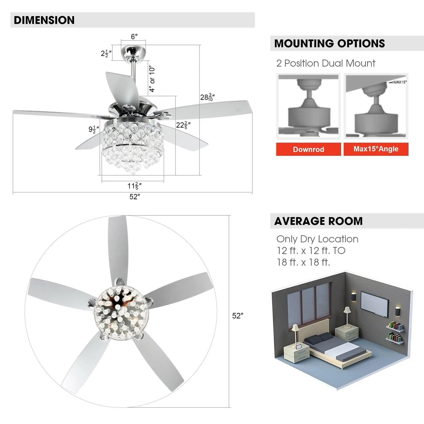 Vaczon 52 Inch Silver Ceiling Fan with Light: Farmhouse Caged Fandelier, Crystal Style Ceiling Fan with Remote, 6 Speeds,Reversible Motor