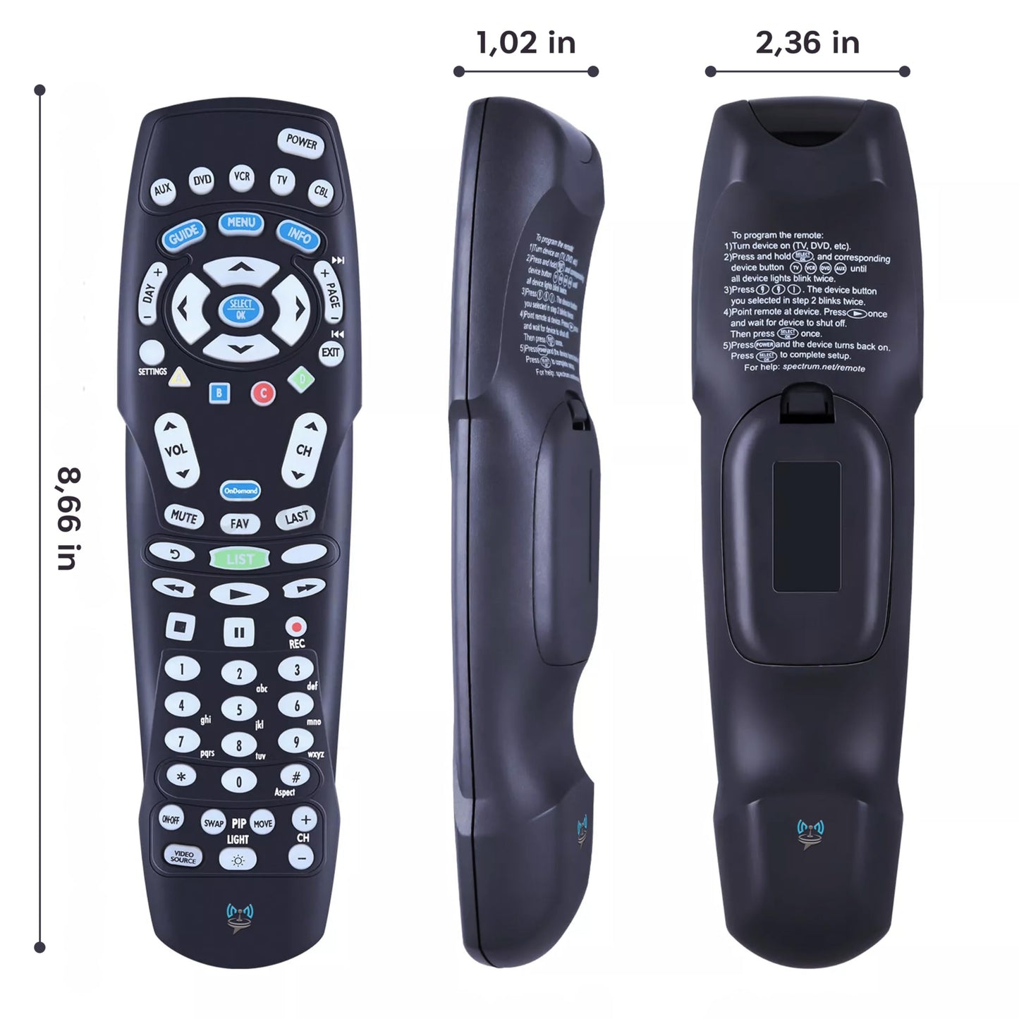 SatelliteSale Replacement Spectrum TV Remote Control RC122 Compatible with Time Warner, Brighthouse and Charter Cable Boxes, Batteries Included