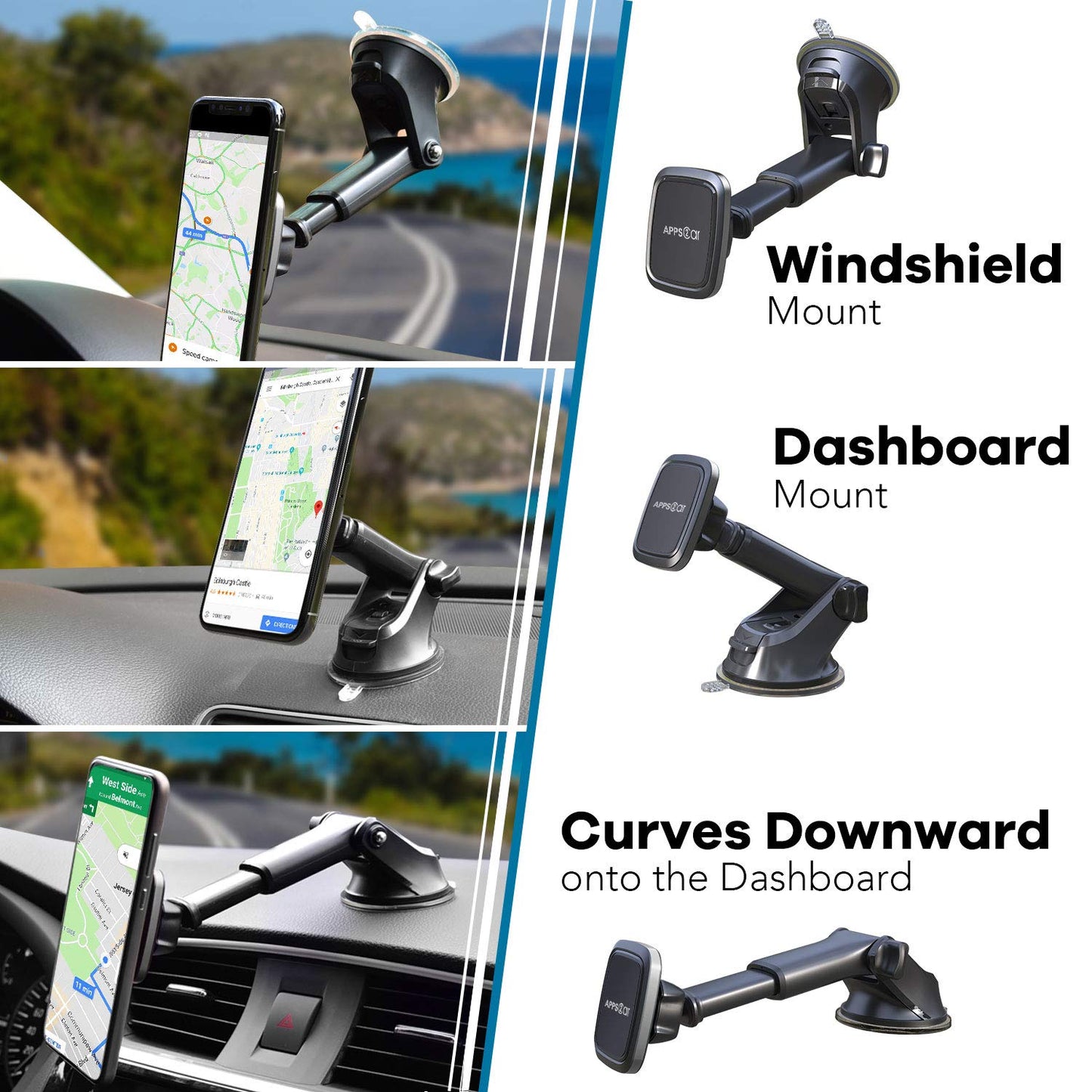 APPS2Car 3-in-1 Car Phone Mount Magnetic Dashboard Windshield Air Vent Mount Phone Holder for Car Universal Car Phone Holder with Powerful Suction Cup