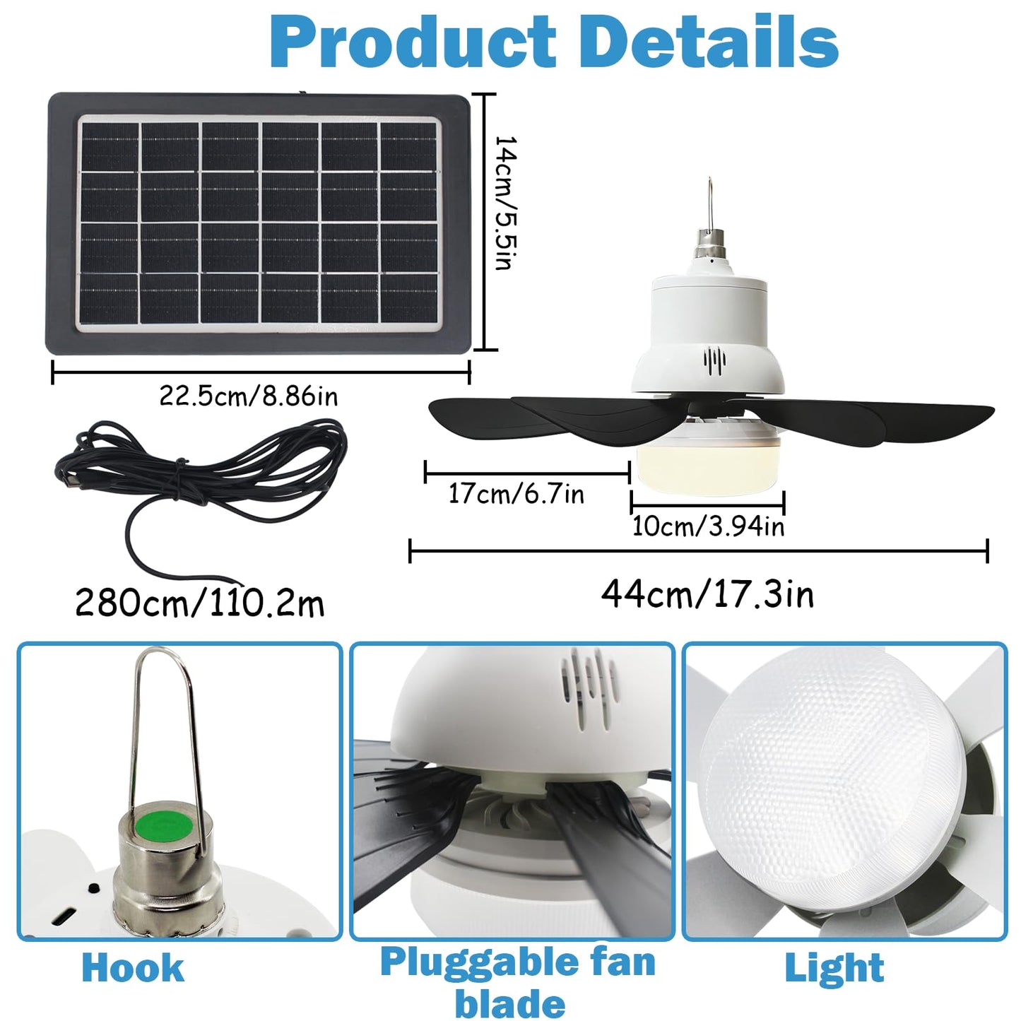 Solar Ceiling Fans with Lights Battery Built-in10000mAh Portable ,17" LED Fan Light Hanging with HookCan be timed for 2/4/8 hours, 3 Speeds