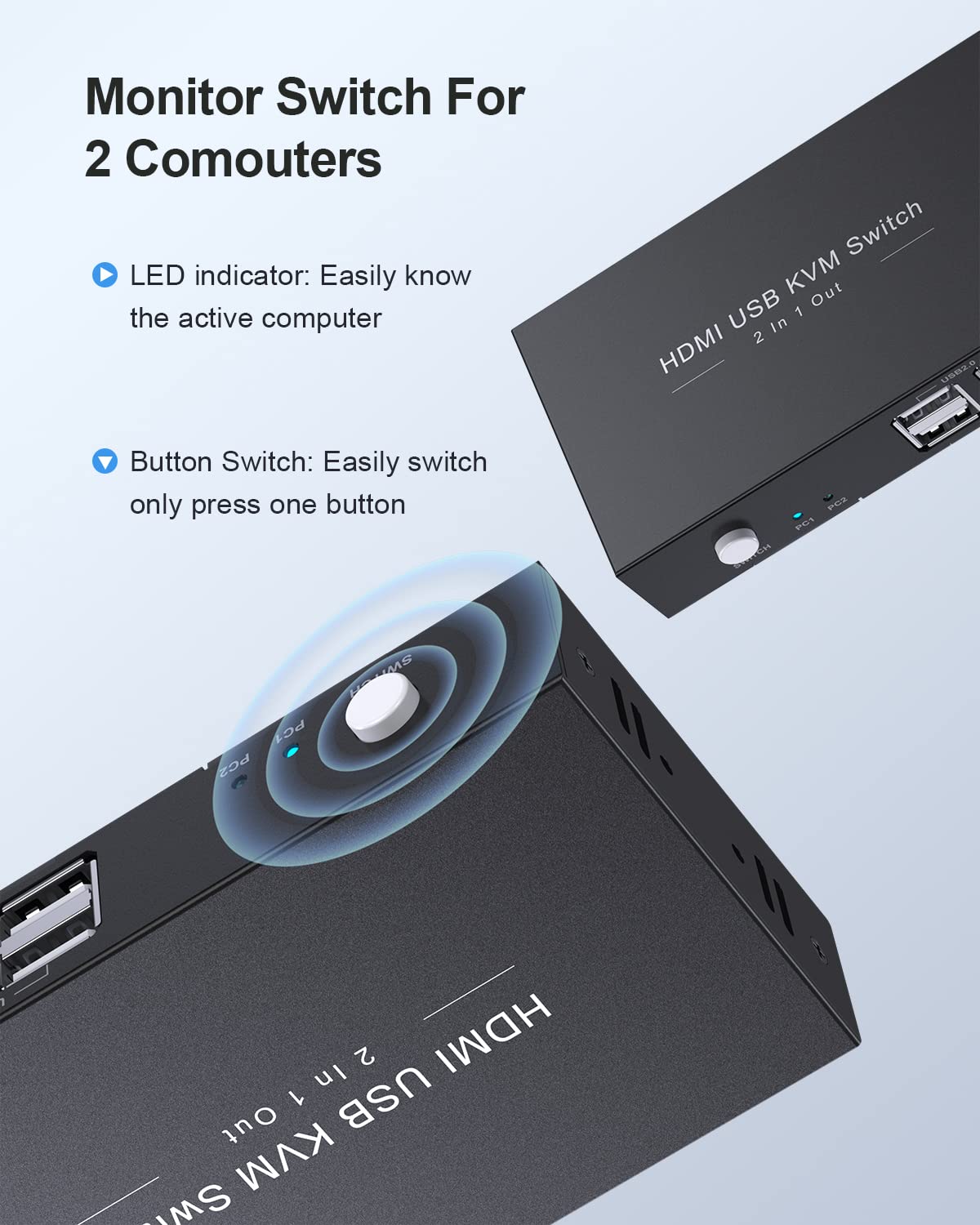HDMI KVM Switch 1 Monitors 2 Computers, USB KVM Switches Sharing 4 USB, Support Wireless Keyboard and Mouse, Powered by USB, with 2 HDMI and 2 USB