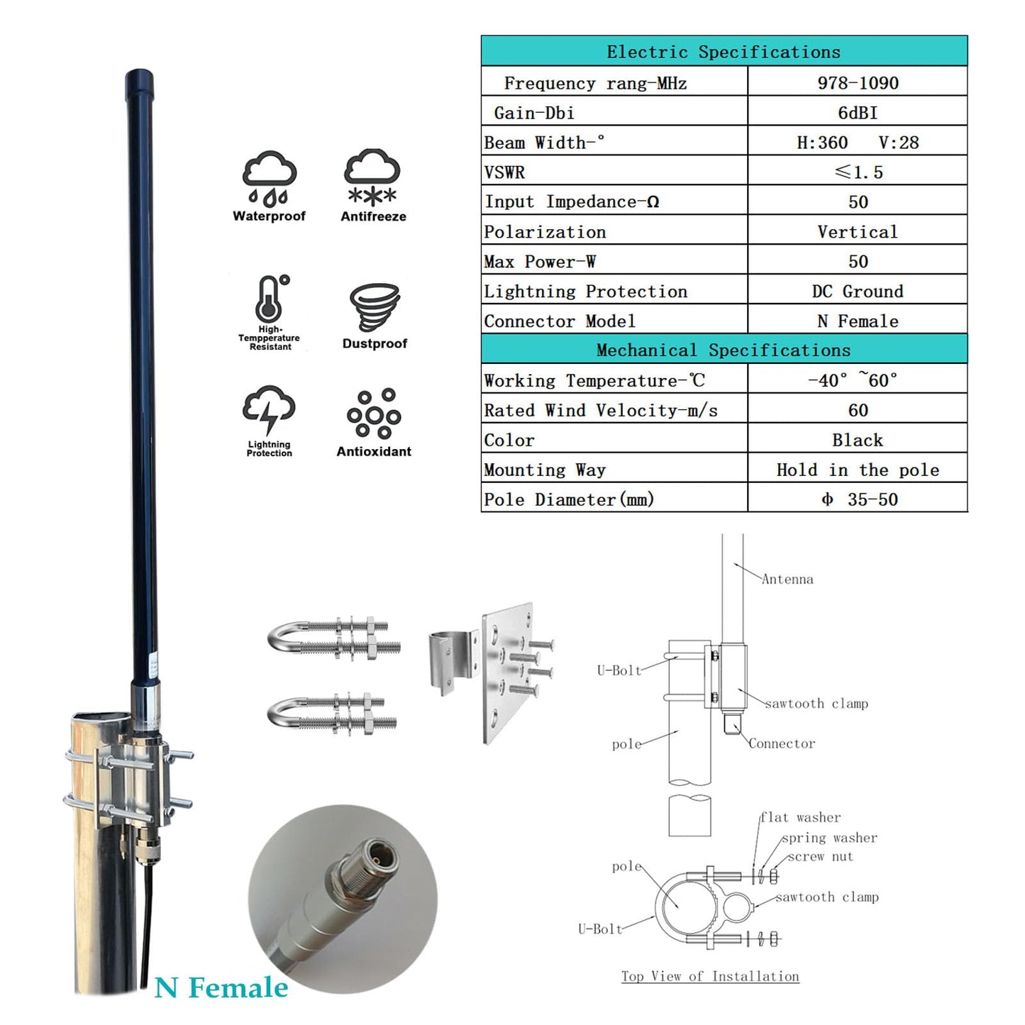 FlightAware ADS-B Antenna - Dual Band 1090MHz/978MHz, Omnidirectional, 6dBi, N-Type Female, 32ft N-Male to SMA-Male Extension Cable