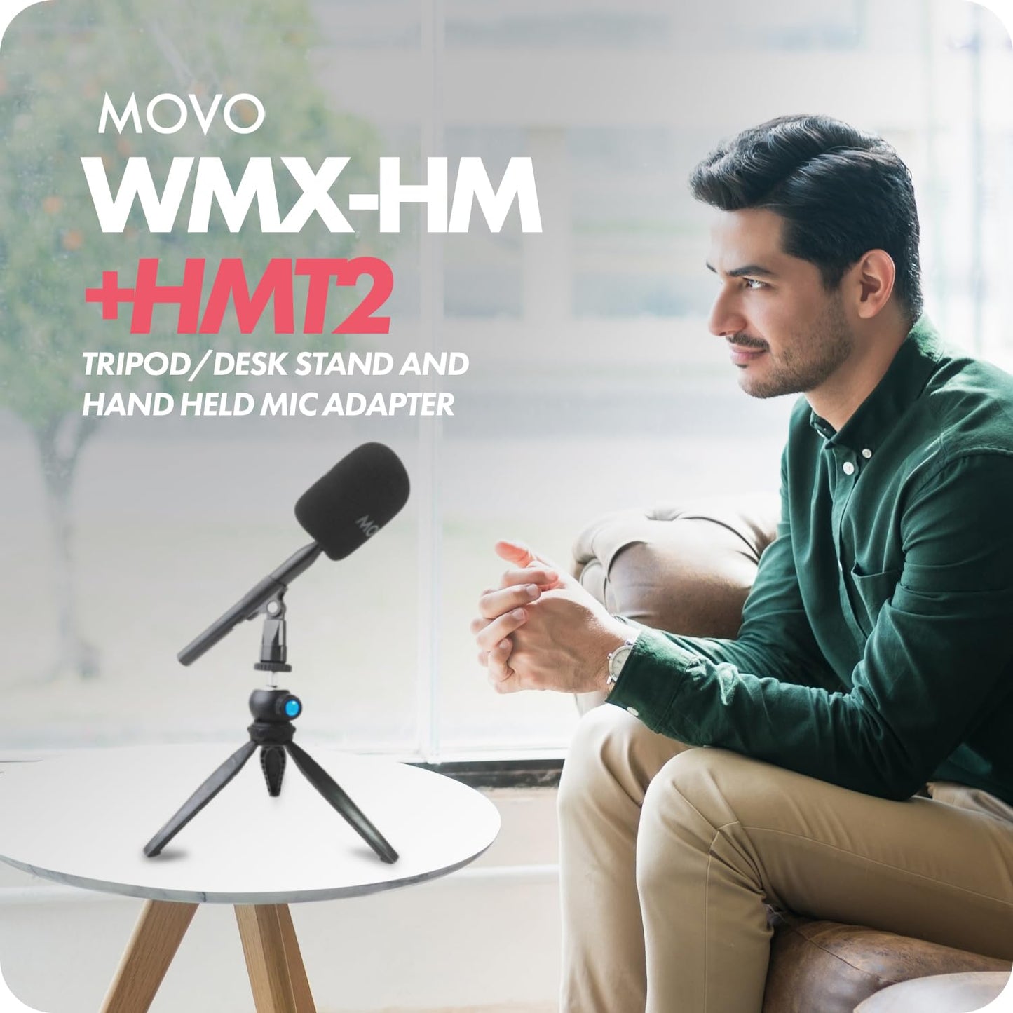 Movo WMX-HM Wireless Interview Microphone Adapter w/Mic Stand - Compatible with DJI Mic, Rode Wireless GO, Hollyland Lark, and More - Great for