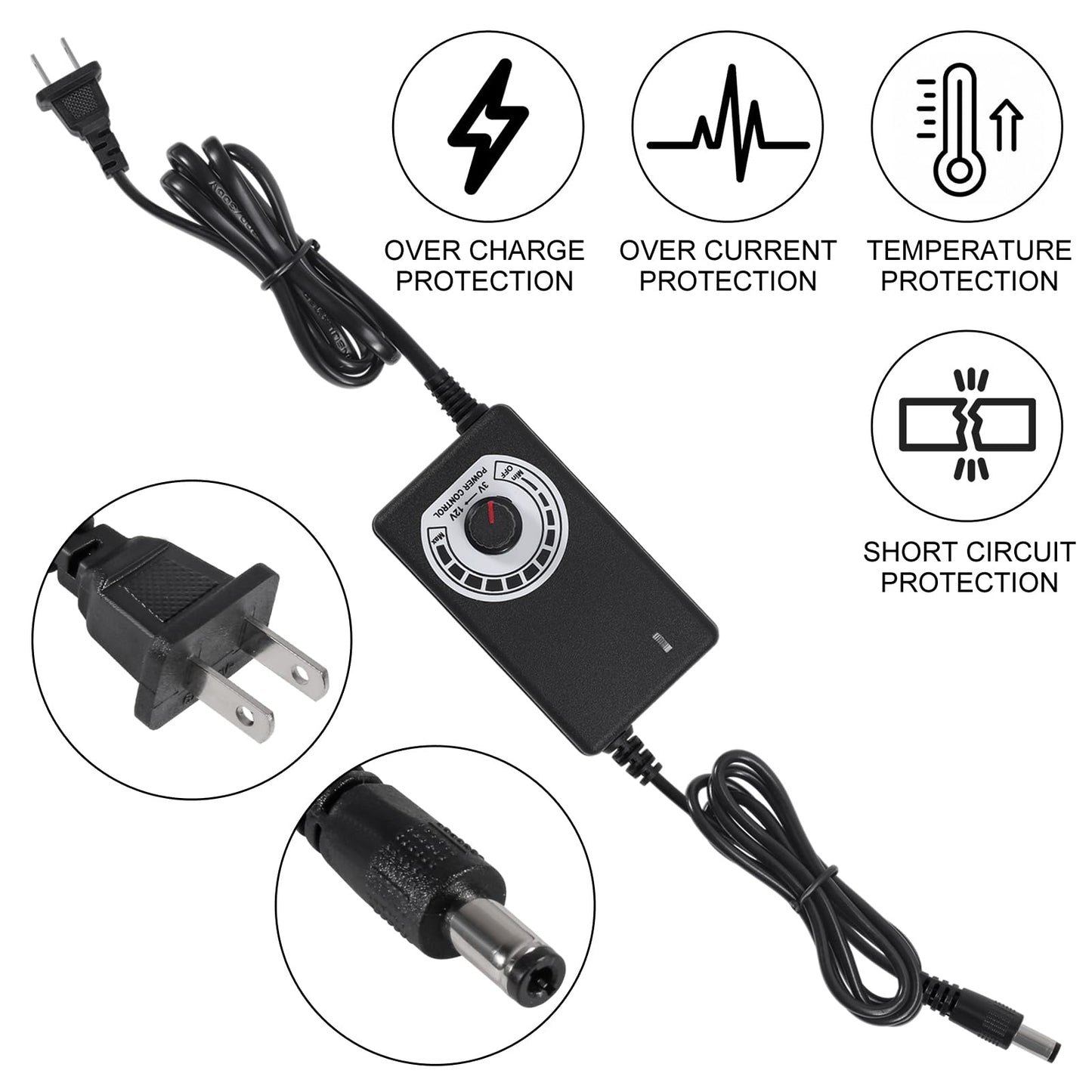 UMLUFE 12V Fan Power Supply,PC Fan Speed Controller,100-240vAC to 3-12vDC 24W Adjustable Fan Power Adapter,with Fan Splitter Cable,DC Female to 2 x