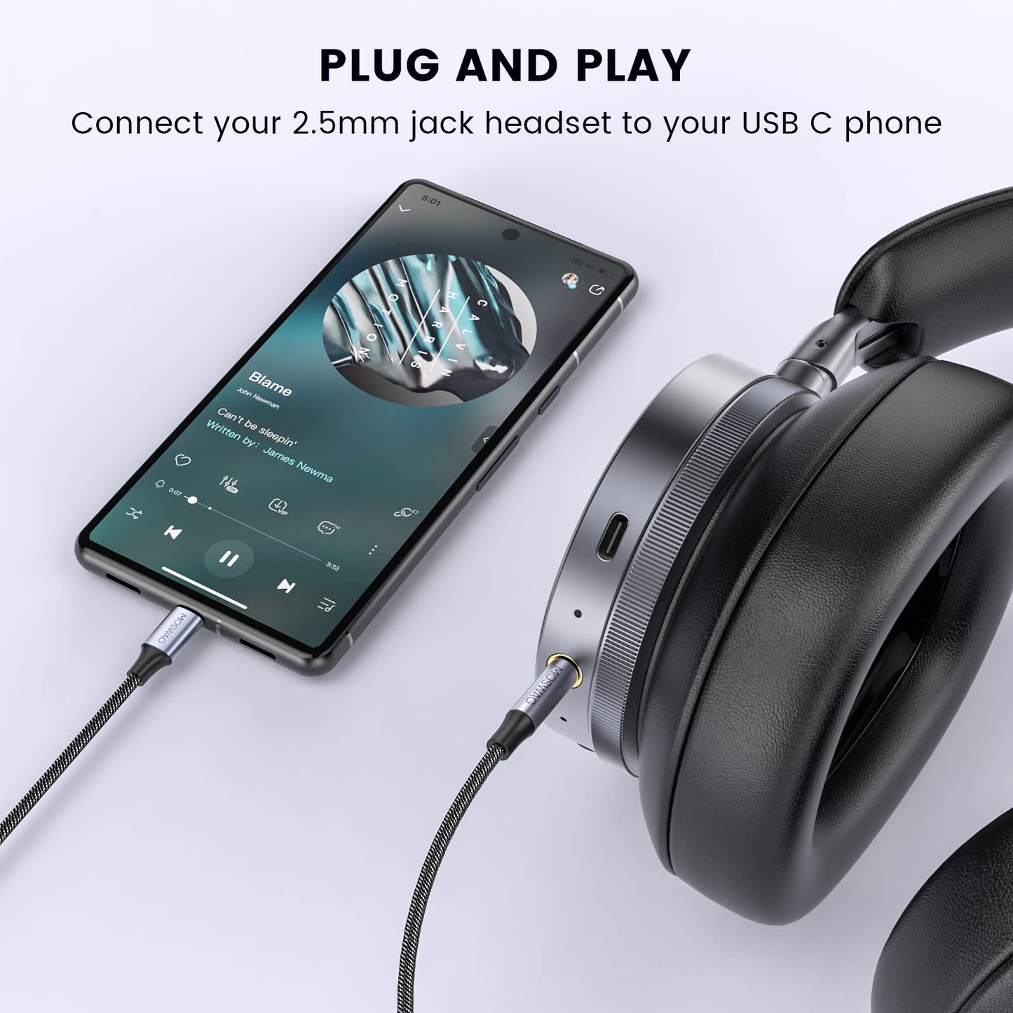 MOSWAG 3.3ft USB C to 2.5mm Aux Audio Cable, USB C to 2.5mm TRS Hi-Fi Nylon Braided Auxiliary Cable for Bose QuietComfort SE, QCSE, QC45, QC35 II