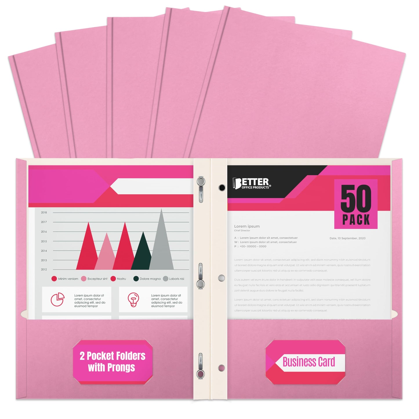 Better Office Products Pink Paper 2 Pocket Folders with Prongs, 50 Pack, Matte Texture, Letter Size Paper Folders, 50 Pack, with 3 Metal Prong