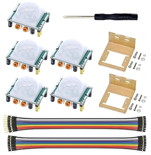 WWZMDiB 5 Pcs PIR Sensor Compatible with HC-SR501 PIR Motion Module for Arduino Raspberry Pi STM32 (Comes with 2 Dedicated Cases)