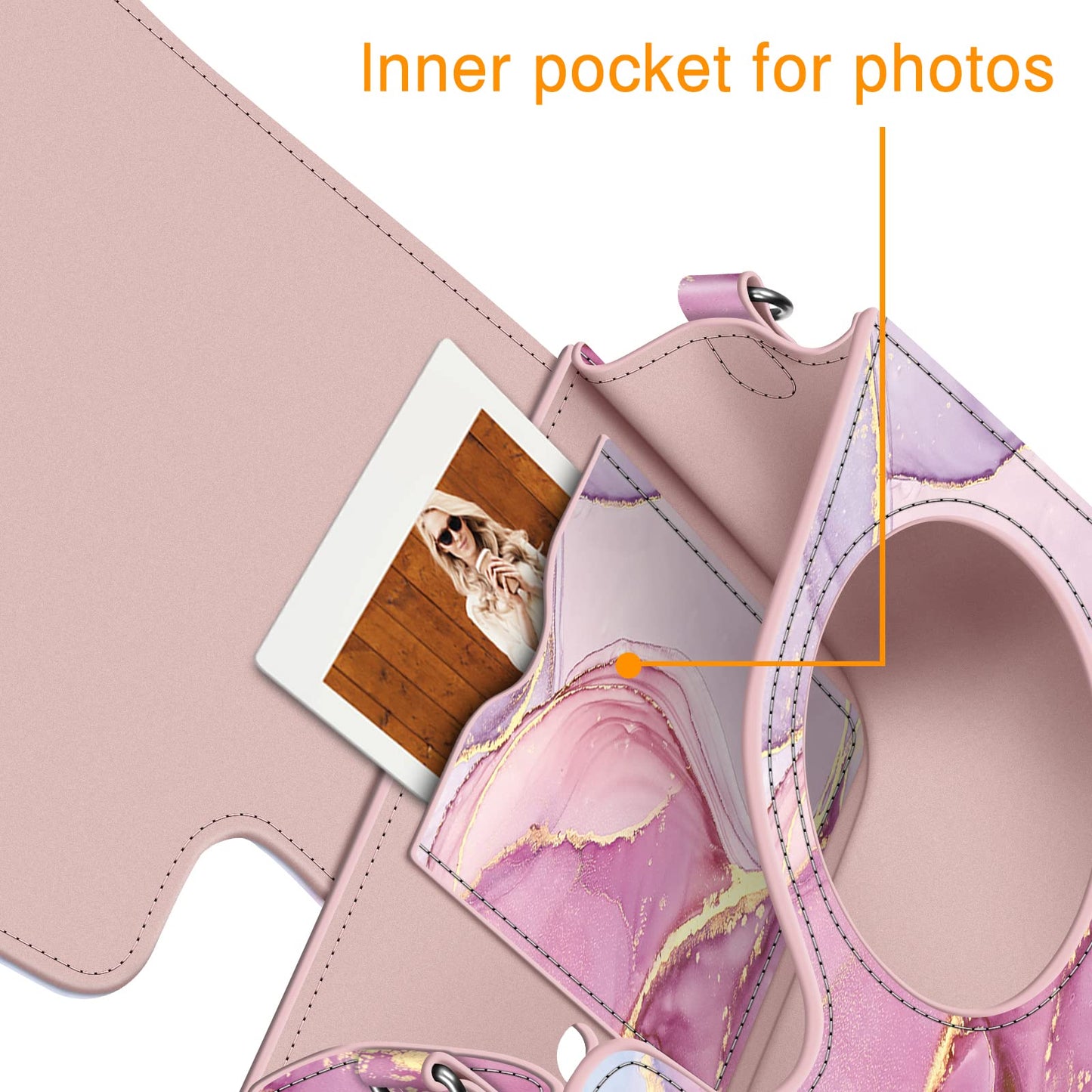Fintie Protective Case for Fujifilm Instax Mini 7+ Instant Camera - Premium Vegan Leather Bag Cover with Removable Adjustable Strap, Glittering Marble