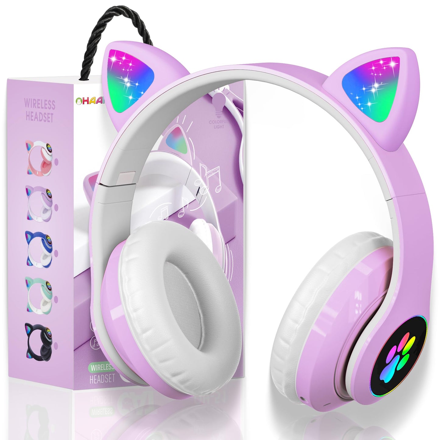 KERHAND Bluetooth Noise Cancelling Headphones for Kids,Foldable Cat Headphone with LED Light Up Ear,Cat Ear Headphones for Toddler with Microphone/TF