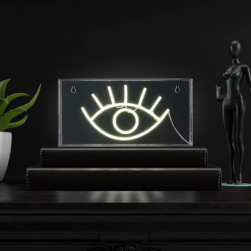 JONATHAN Y 11.8" x 5.9" Yellow Eye Contemporary Glam LED Neon Light, USB Operated Acrylic Box Sign for Desktop or Wall Hanging, Modern Boho Decor