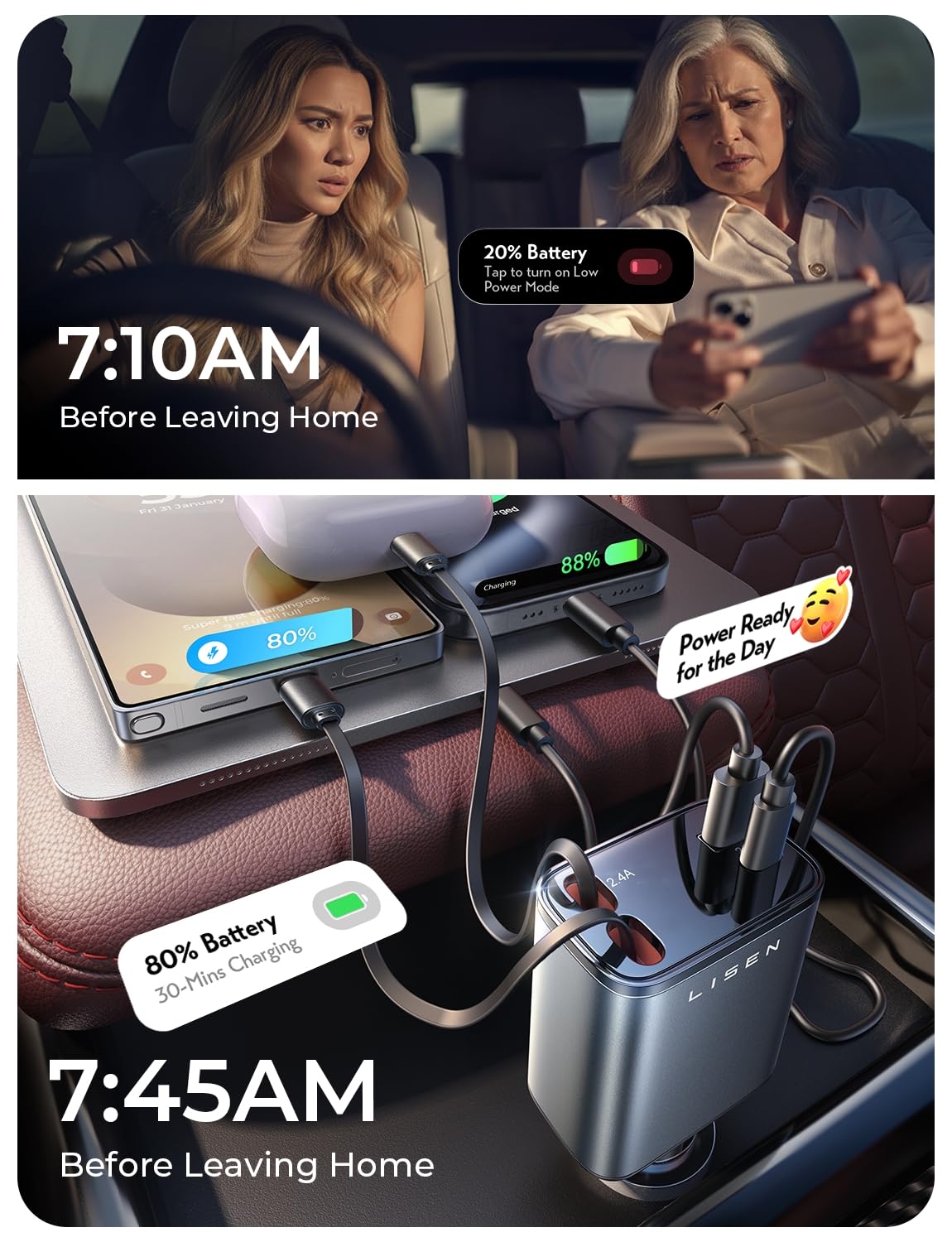 LISEN Retractable Car Charger, for Valentines Day Gifts for him Her, 69W Cars Adapter USB C Fast Charger for iPhone 17 Pro Max 16 14 13, Car Accessories, Birthday Gifts for Men Women 2026 Tech Gadgets