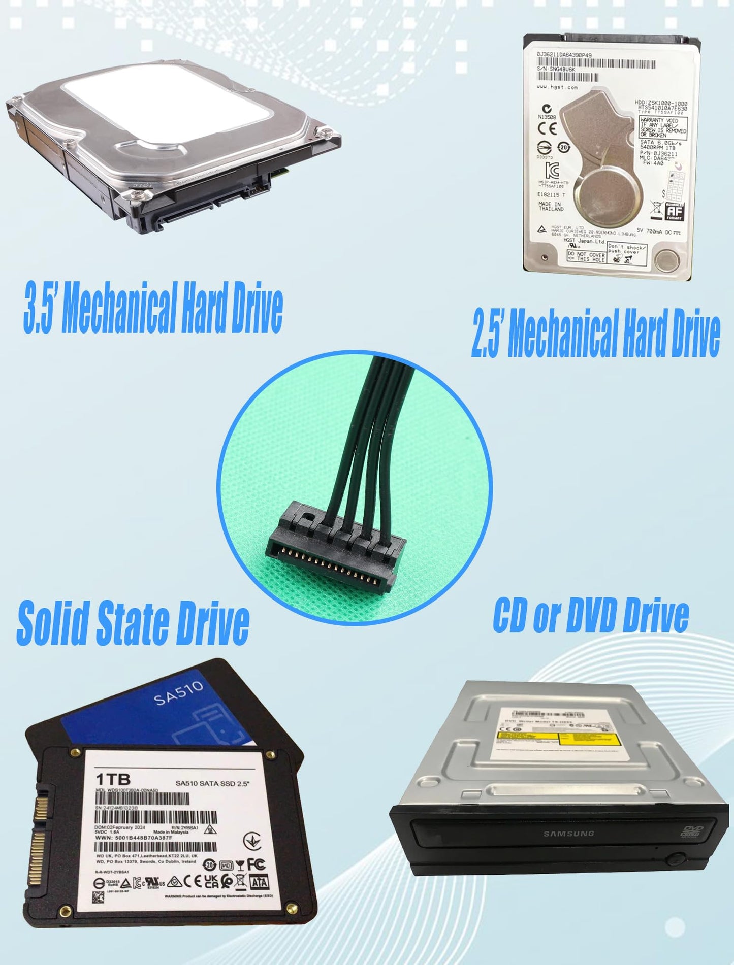 ELFJMZP ATX 4PIN to SATA 15 PIN Adapter Extension Cable for Mechanical HDDs, SSDs, DVD/CD-ROMs (16.6 in./42.2 cm)(Pack of 2)