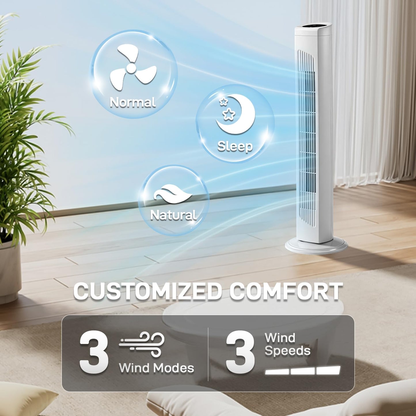 myoihomora Tower Fan for Bedroom,90° Oscillating Standing Fan,Copper Motor,Touch & Remote Control,3 Speeds,3 Modes,Bladeless Room Fan for Home,Living