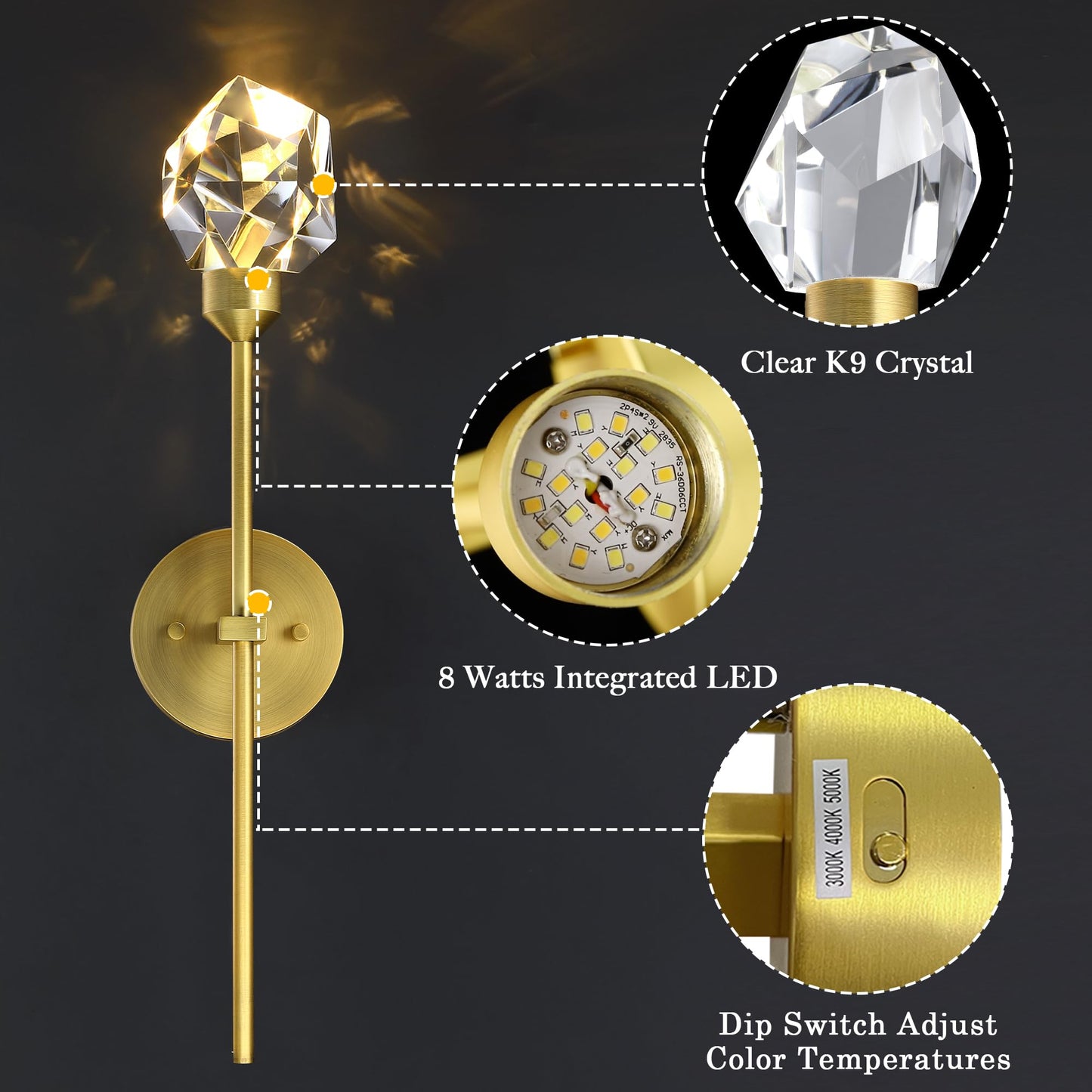 Untrammelife Indoor Crystal Wall Sconce, Brushed Brass Gold Hardwired Wall Light Fixture 3 Color Temperature 3000K-4000K-5000K 8W Dimmable LED Modern