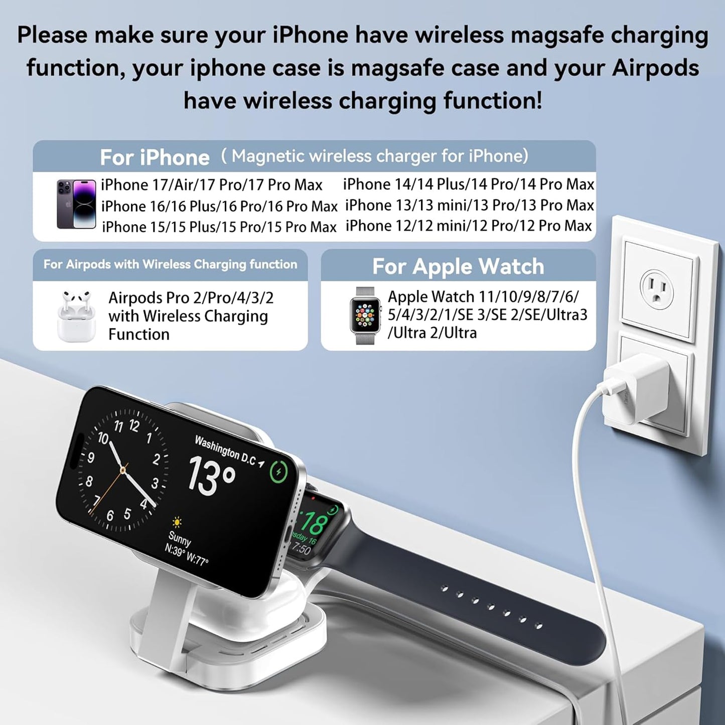 3 in 1 Mini Foldable Charging Station for Apple Devices, Wireless Charger Stand for Magsafe for iPhone 17/Air/16/15/14/13/12 Series, Apple Watch