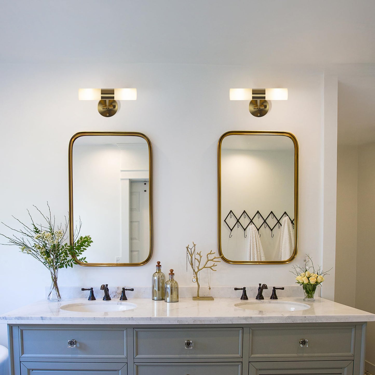Modern Swing Arm Bathroom Light Fixtures, 11.8'' Milk Frosted Glass Shades Vanity Light for Mirror, IP44 Water Resistant 2*E12 Cordless Wall Sconces