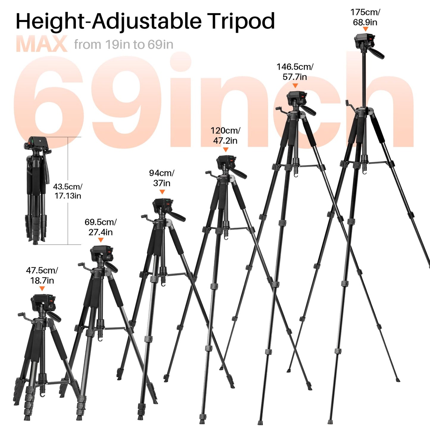 Fotopro 69'' Camera Tripod Lightweight Portable Travel Tripod for Camera and Phone with Detachable 3-Way Pan Head Phone Stand for Video Recording