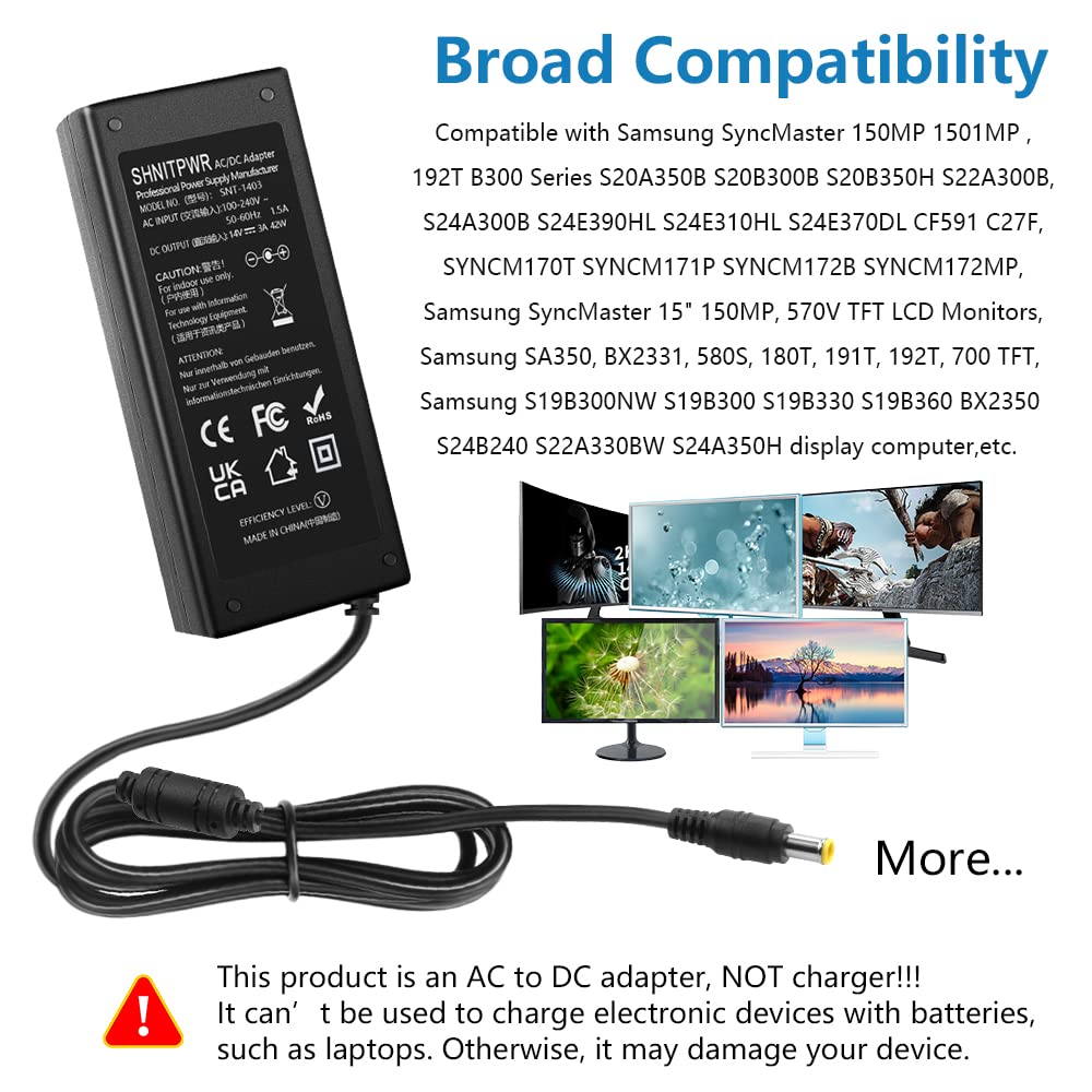 SHNITPWR 14V Power Cord for Samsung Monitor 14V 3A 2.5A 2.14A 1.78A 42W Power Supply AC DC Adapter for Samsung SyncMaster 15" 17" 18" 19" 20" 22" 23"…