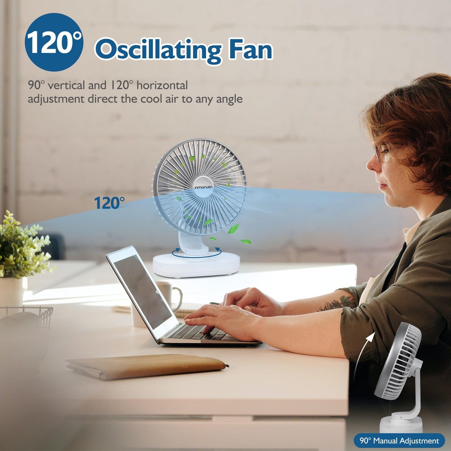 CONBOLA Small Desk Fan for Bedroom, 4000mAh Battery Powered Rechargeable Fan, 90° Vertical Manual and 120° Oscillating, 4 Speeds Air Circulator Fan