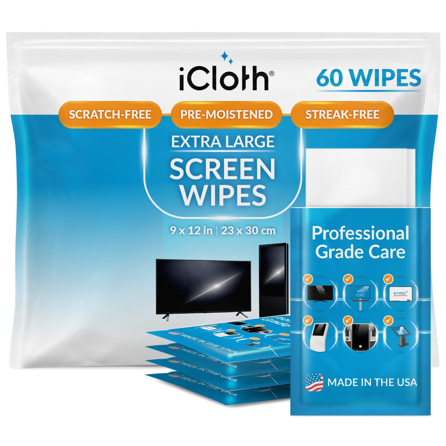 iCloth XL Screen Cleaning Wipes, Lint-Free and Streak-Free, Fast-Drying, Removes Dust, Fingerprints, and Smudges (60 XL Wipes)