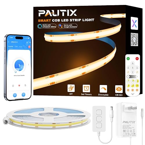 PAUTIX Smart COB LED Strip Light 32.8ft/10m,Warm White 2700K LED Strip,Compatible with Alexa/Google Assistant,Dimmable 24V LED COB Light Strip Kit