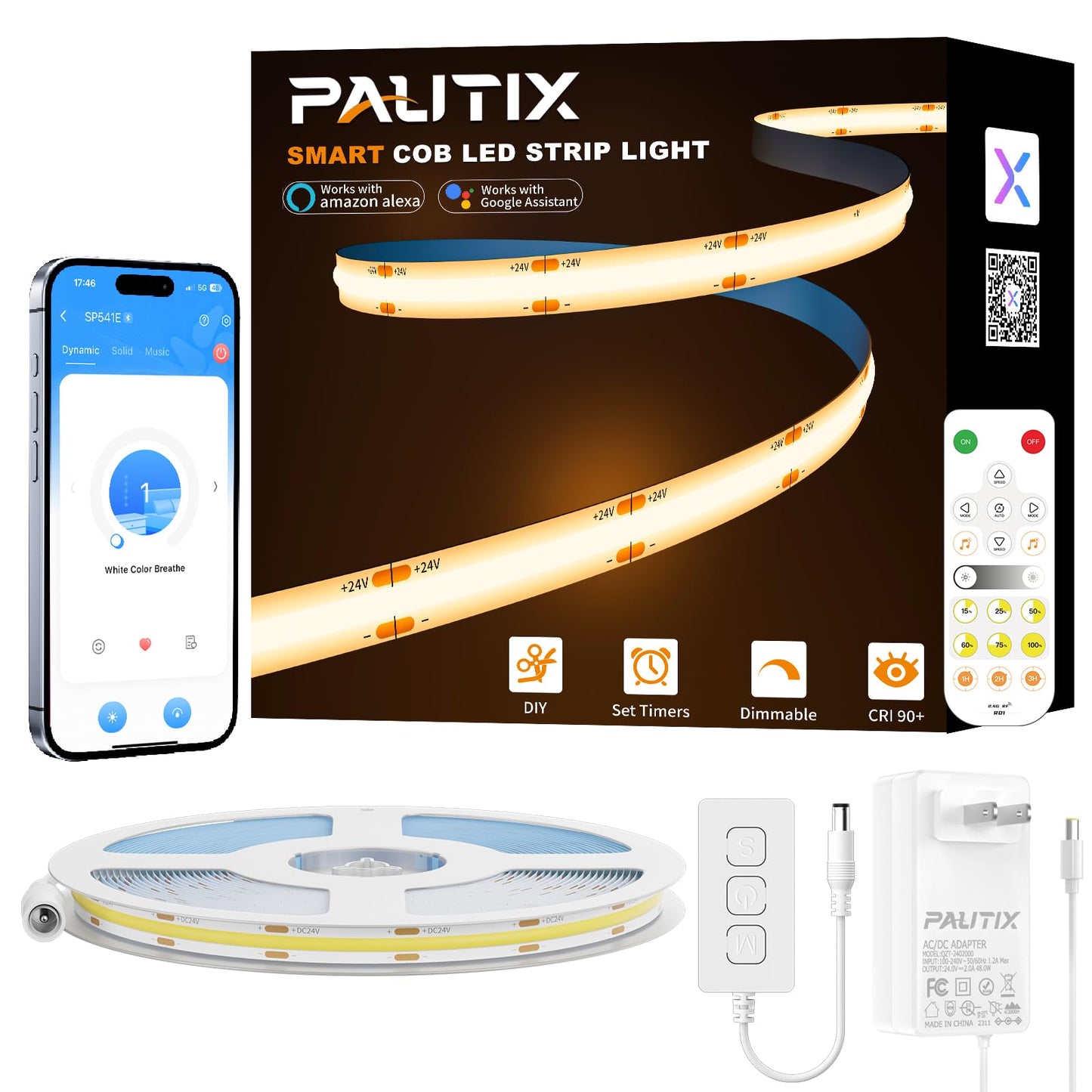 PAUTIX Smart COB LED Strip Light 32.8ft/10m,Warm White 2700K LED Strip,Compatible with Alexa/Google Assistant,Dimmable 24V LED COB Light Strip Kit