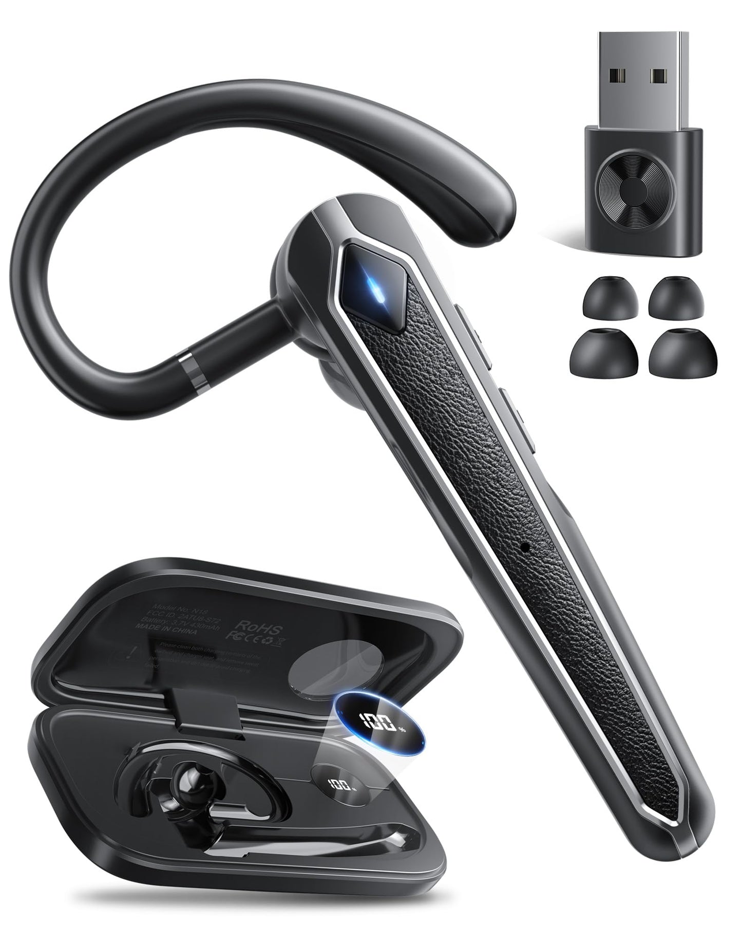 Bluetooth Headset, Wireless Bluetooth Earpiece with USB Dongle and Charging Case 100 Hours Talking Time Built-in Microphone for iOS Android Cell