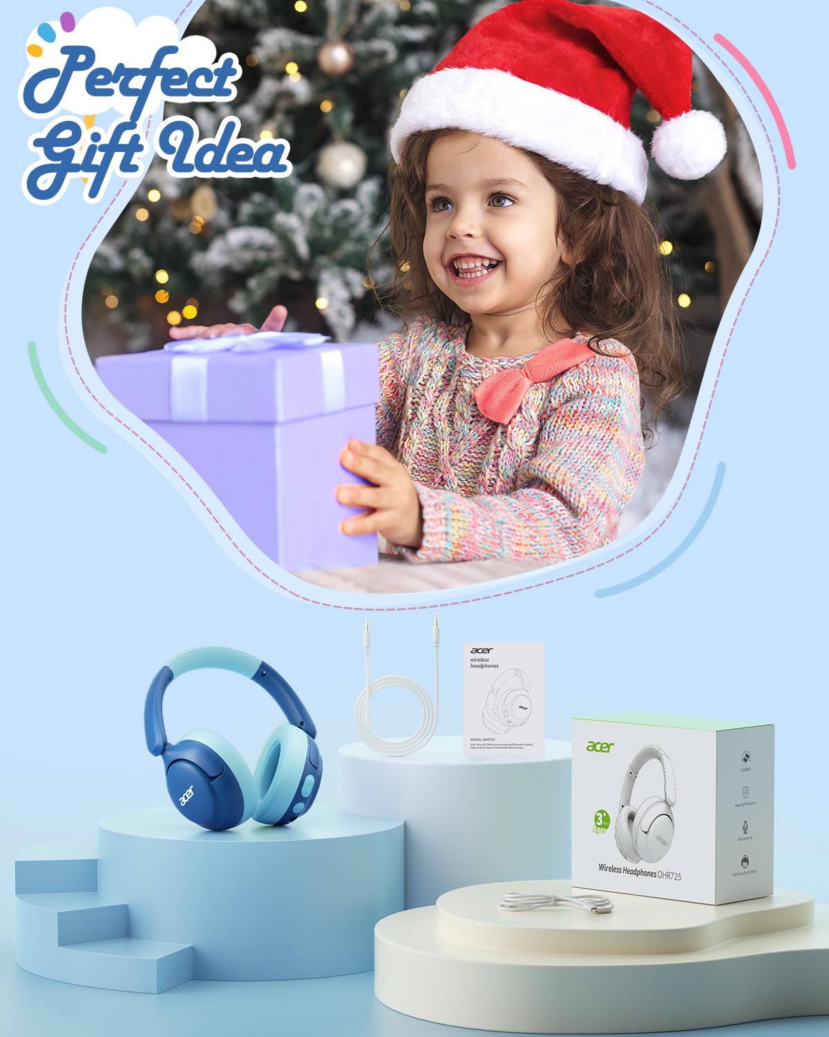 Acer Kids Bluetooth Headphones, 85dB Limiter, 75H, w/Mic OHR725