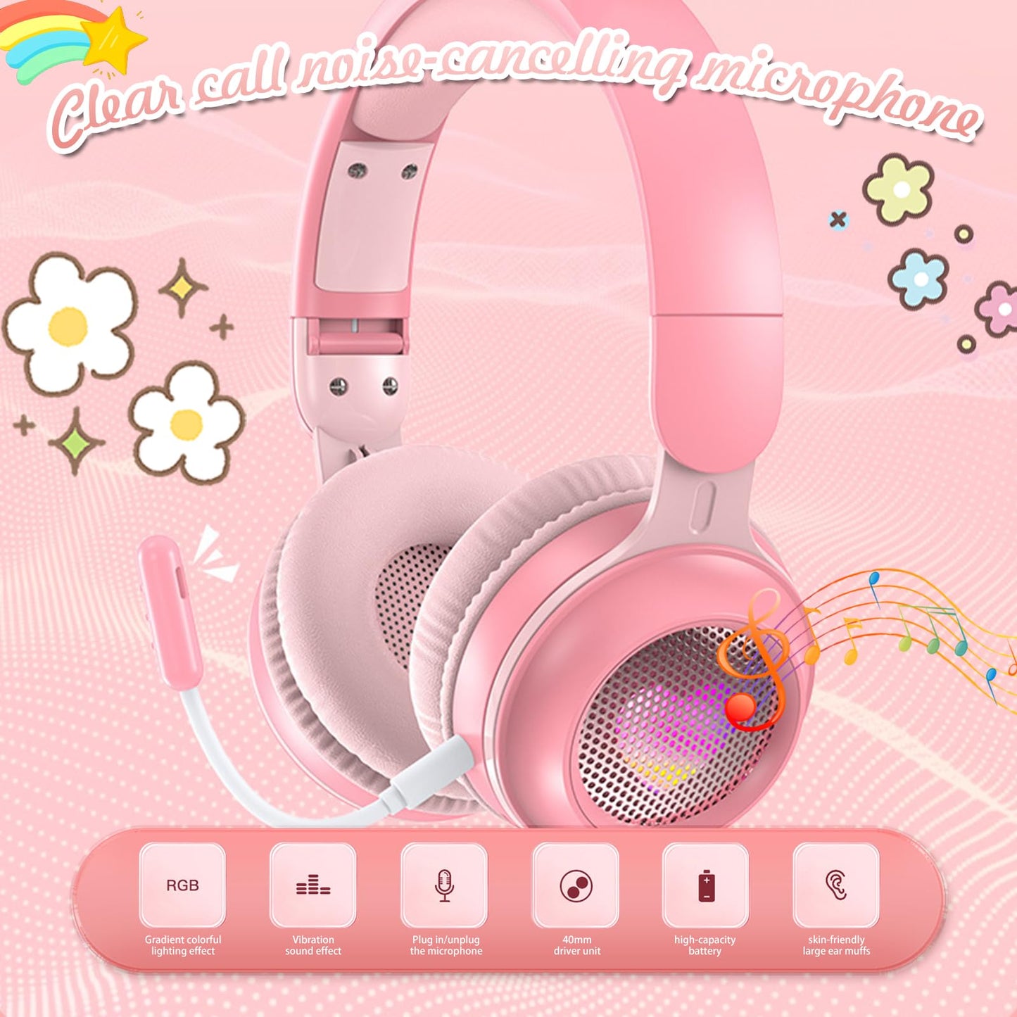 KERHAND Kids Bluetooth Cat Ear Headphones LED Light, Noise Cancelling, Pink