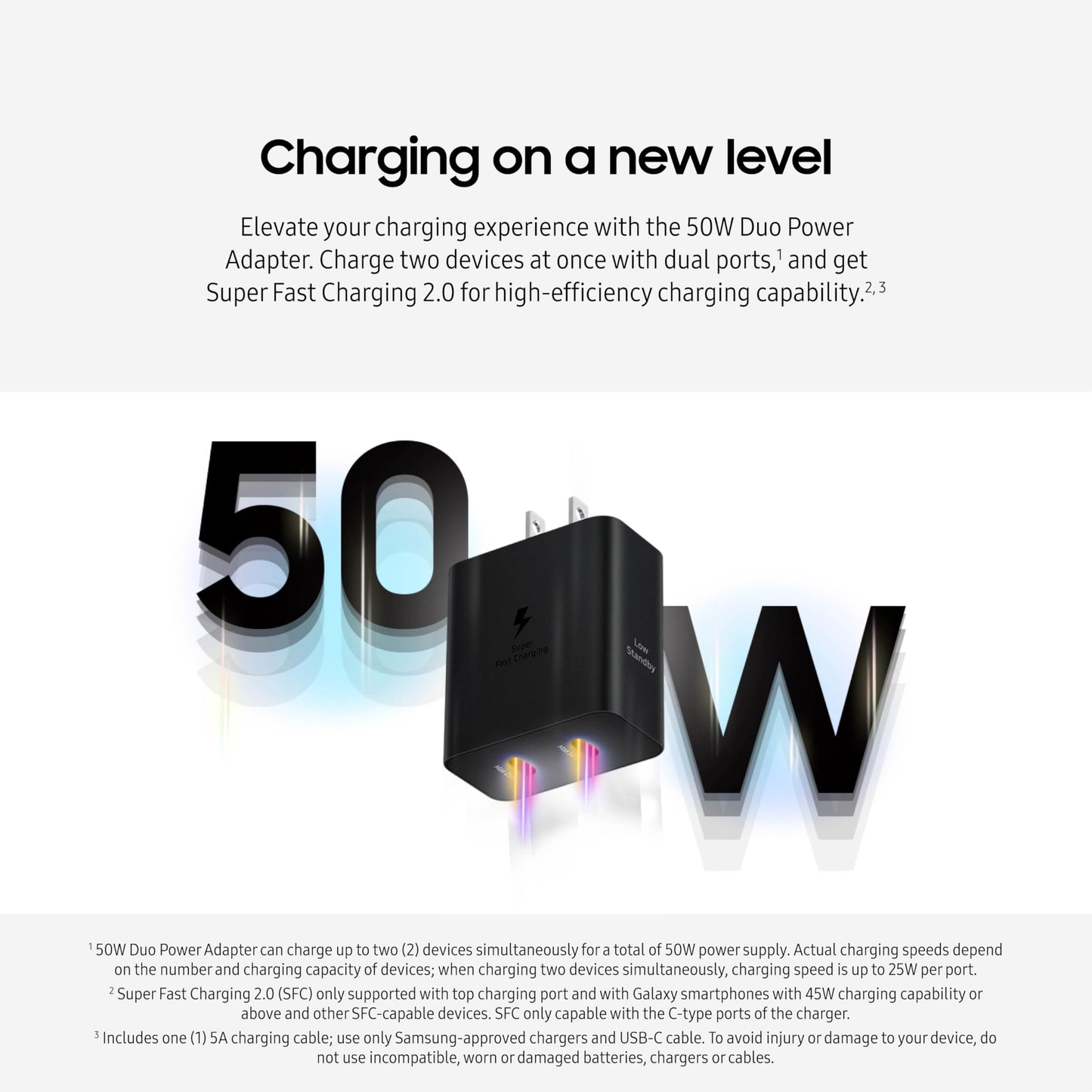 SAMSUNG 50W Duo Power Adapter Wall Charger, 2 Ports, Cable Included, Super Fast Charging 2.0 for Galaxy Phones, Tablets, USB Type C Devices, Low