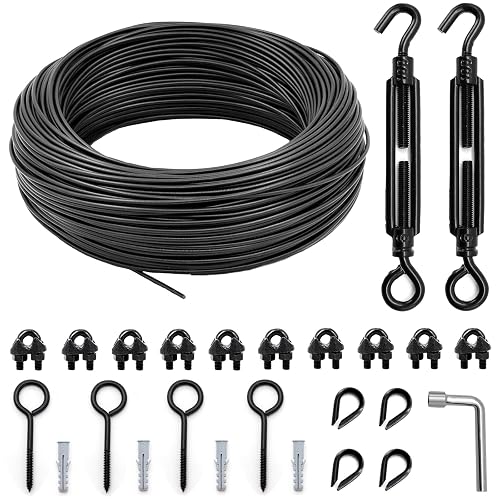 hannger String Light Hanging Kit Outdoor, Full Black Globe String Lights Suspension Kit w/ 50FT PVC Coated Steel Cable & Enough Accessories, Guide