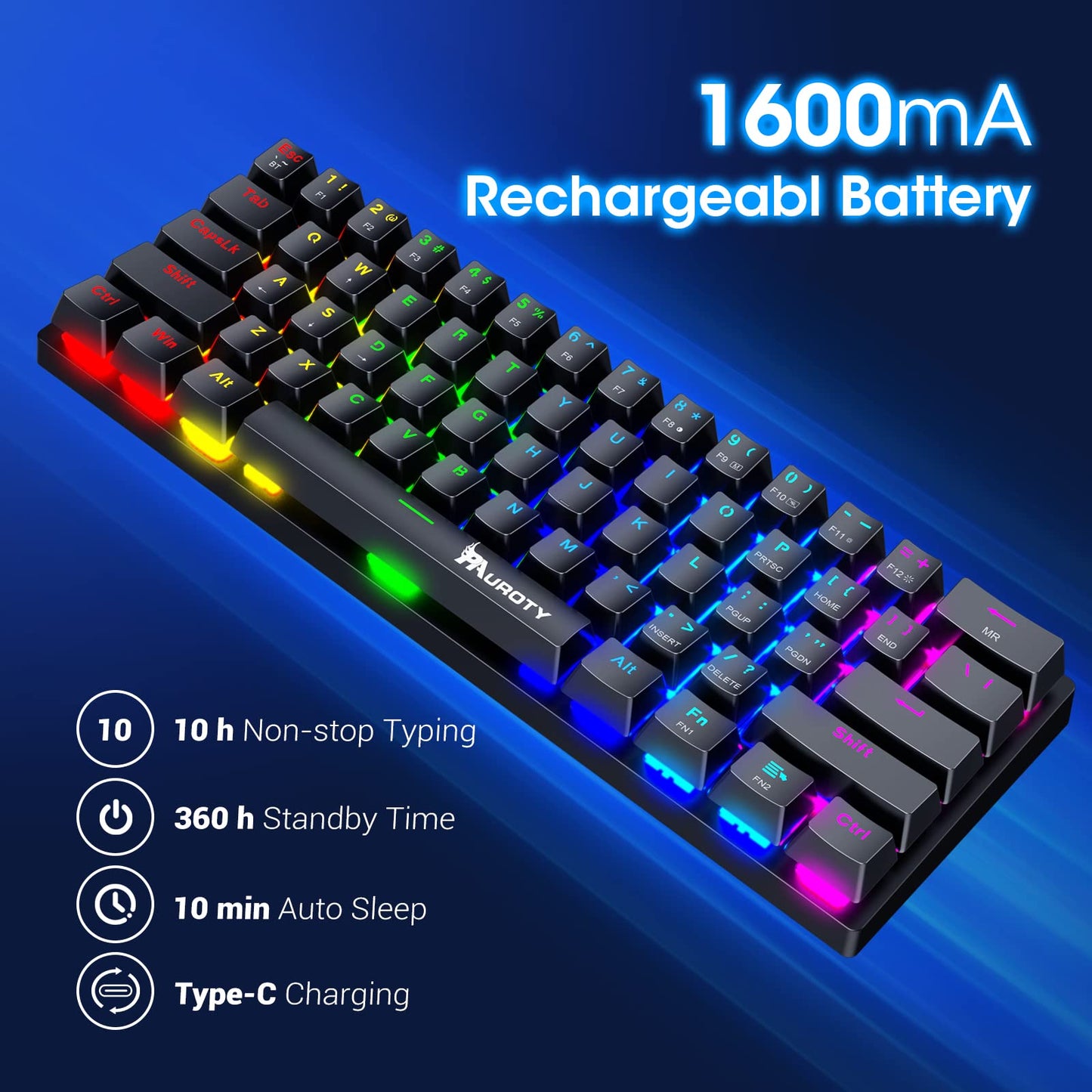 Pauroty 60% Wireless Mechanical Keyboard, Triple Mode 2.4G/USB-C/Bluetooth Gaming Keyboard, RGB Backlit, Clicky Blue Switch, 61 Keys Rechargeable Mini