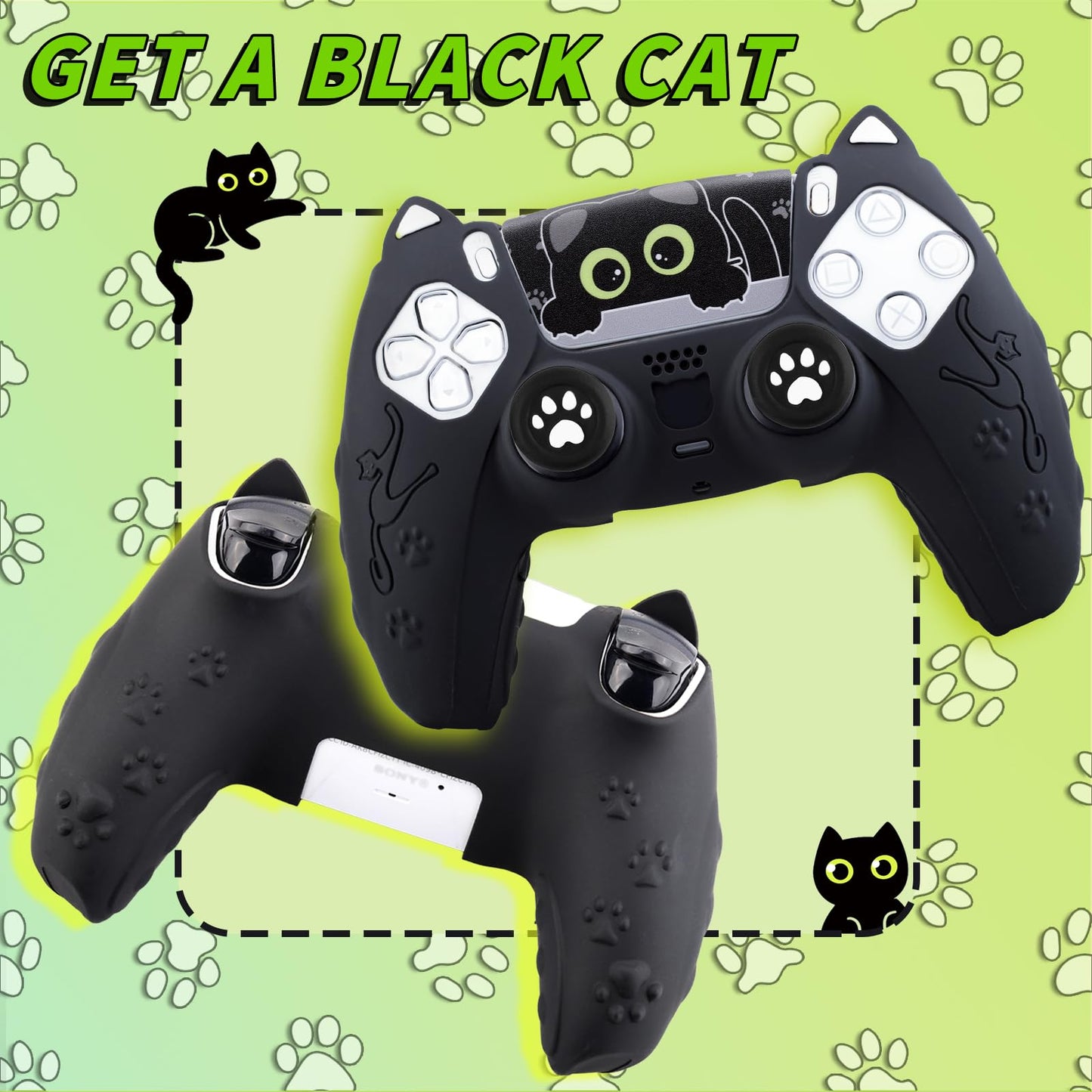 SoAegis Cute Cat-Ear PS5 Controller Skin Set, Silicone Controller Cover for PS5 Wireless Grip, Comes with 2 Thumb Grips and 2 Cat Stickers