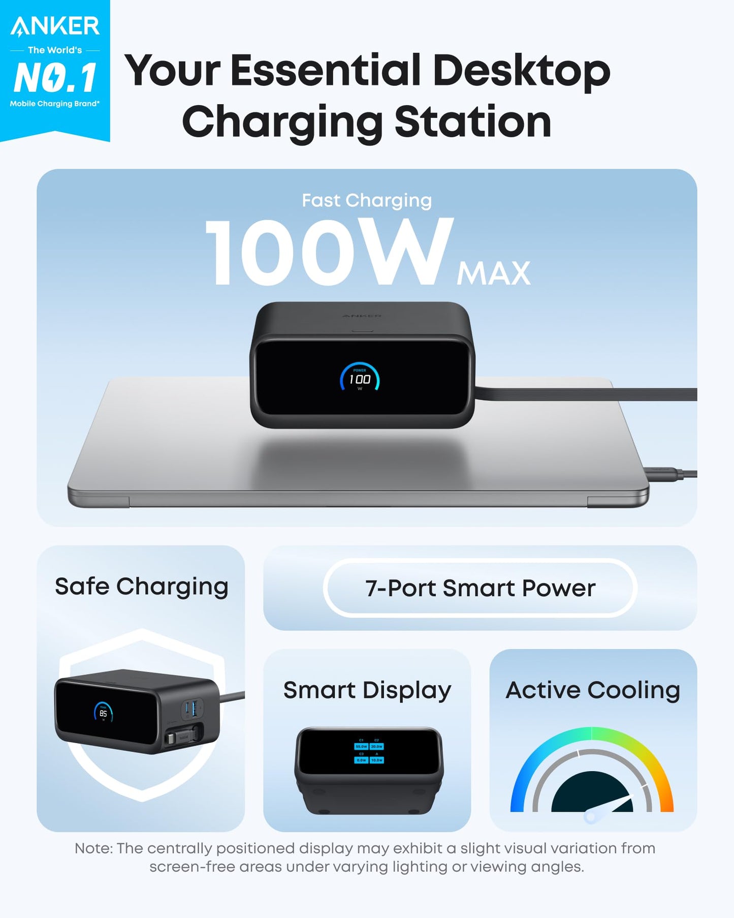 Anker Nano Charging Station, 100W 7-in-1 Power Strip, 2.3ft InstaCord Retractable Cable, Gaming Desk Accessories for Multiple Devices, 3 AC, 3 USB C