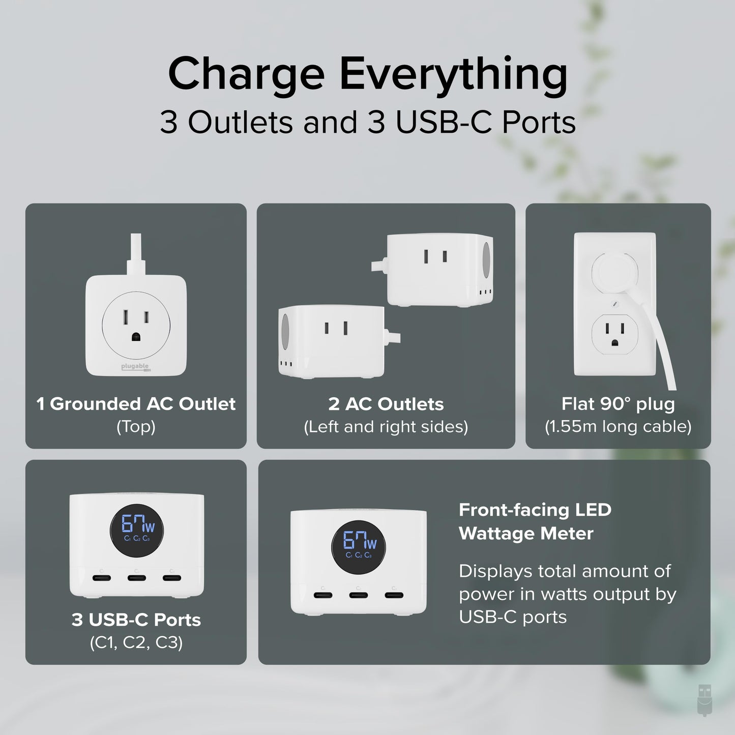 Plugable 67W USB C Power Strip, Charging Station Extension Cord with Multiple Outlets, Flat Wall Plug and Watt Meter, 3X USB-C, 3X AC Power Outlets