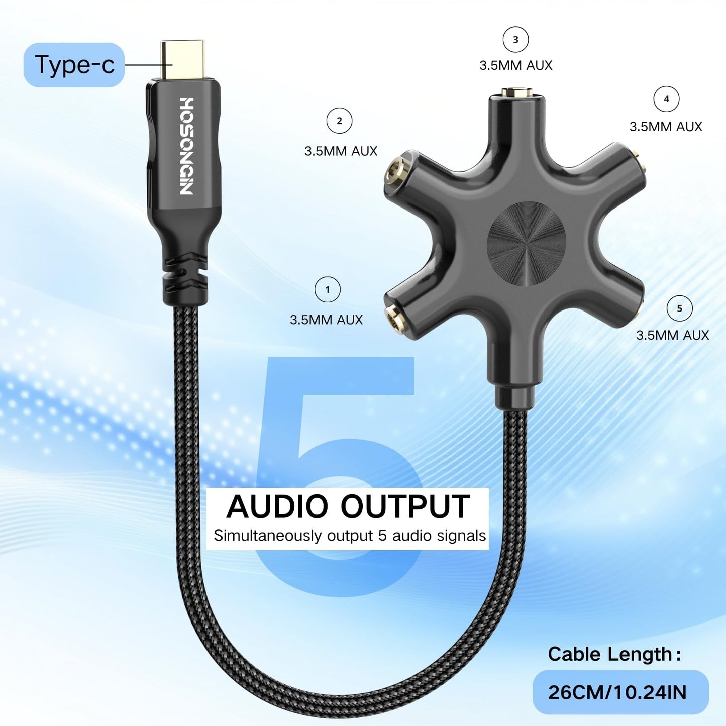 HOSONGIN USB-C Audio Splitter for 5 Headphones - USB C to 3.5mm Hi-Res DAC Adapter for MacBook, iPad Pro, Galaxy S24, Pixel - Travel, Classroom