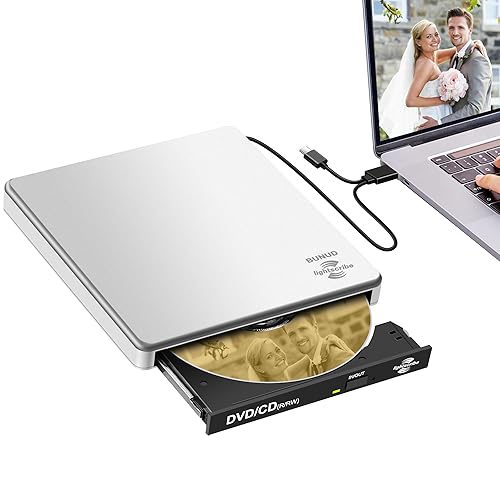 BUNUD LightScribe DVD Burner for Mac: USB C CD/DVD Drive External Portable Compatible with Laptop Windows Linux for Disc Labeling Wedding Photos
